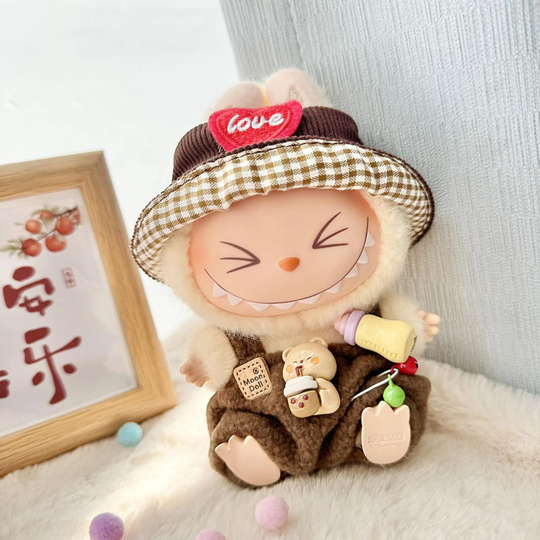 Labubu Clothes Labubu Brown Heart Hat + Brown Bottle Overalls