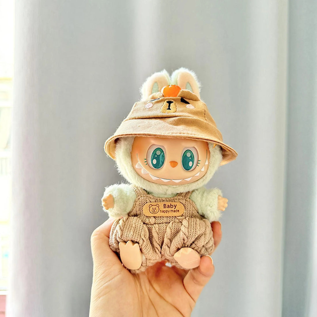 Labubu Clothes Labubu Brown Persimmon Bear Hat With Pendant + Brown Teddy Bear Logo Bubble Overalls