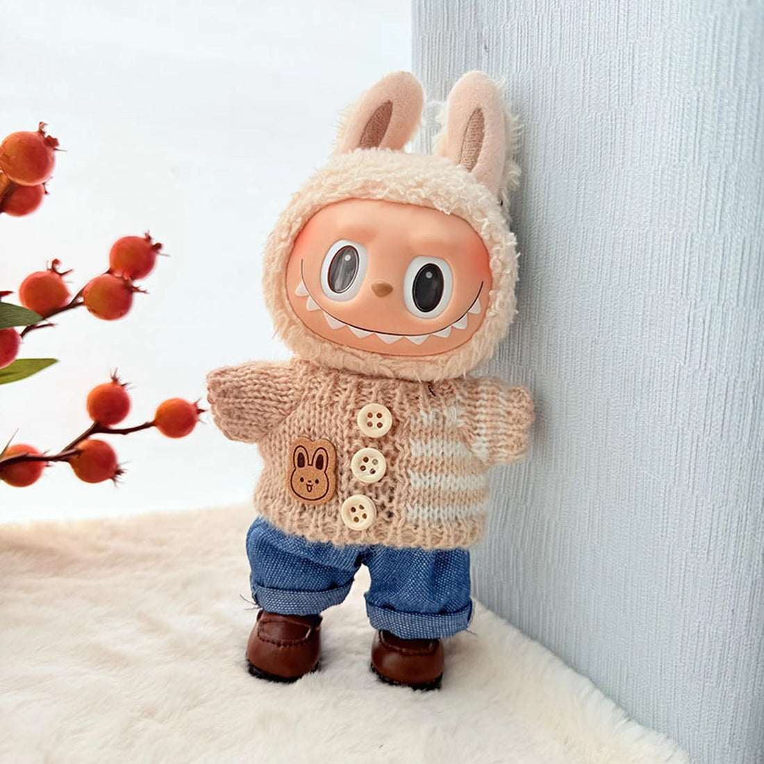 Labubu Clothes Labubu Brown Striped Button Sweater + Blue Jeans + Brown Square-Toe Shoes