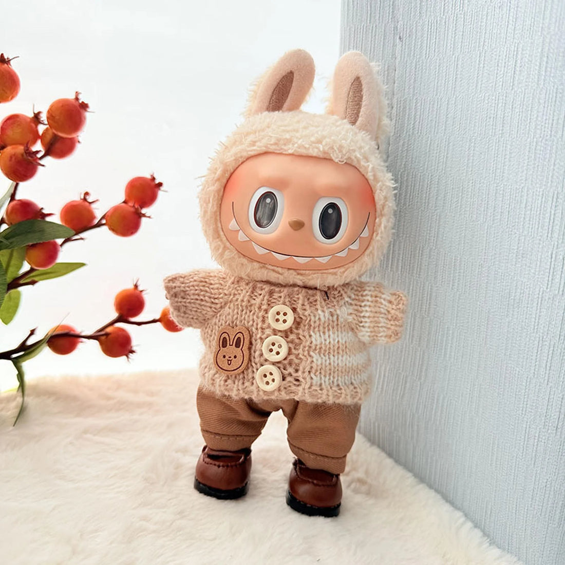 Labubu Clothes Labubu Brown Striped Button Sweater + Khaki Pants + Brown Square-Toe Shoes
