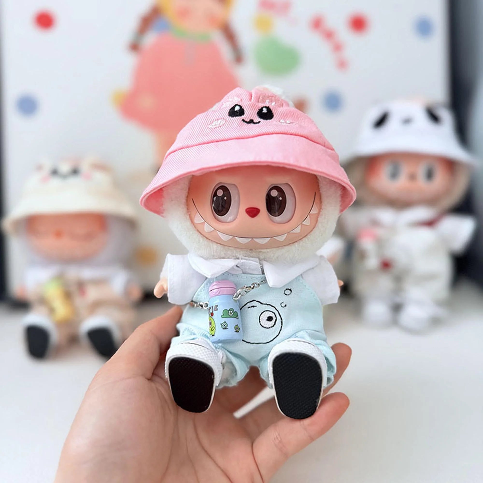 Labubu Clothes Labubu Bubble Fish Overalls Set + Pink Bunny Hat + White Canvas Shoes + Blue Water Bottle