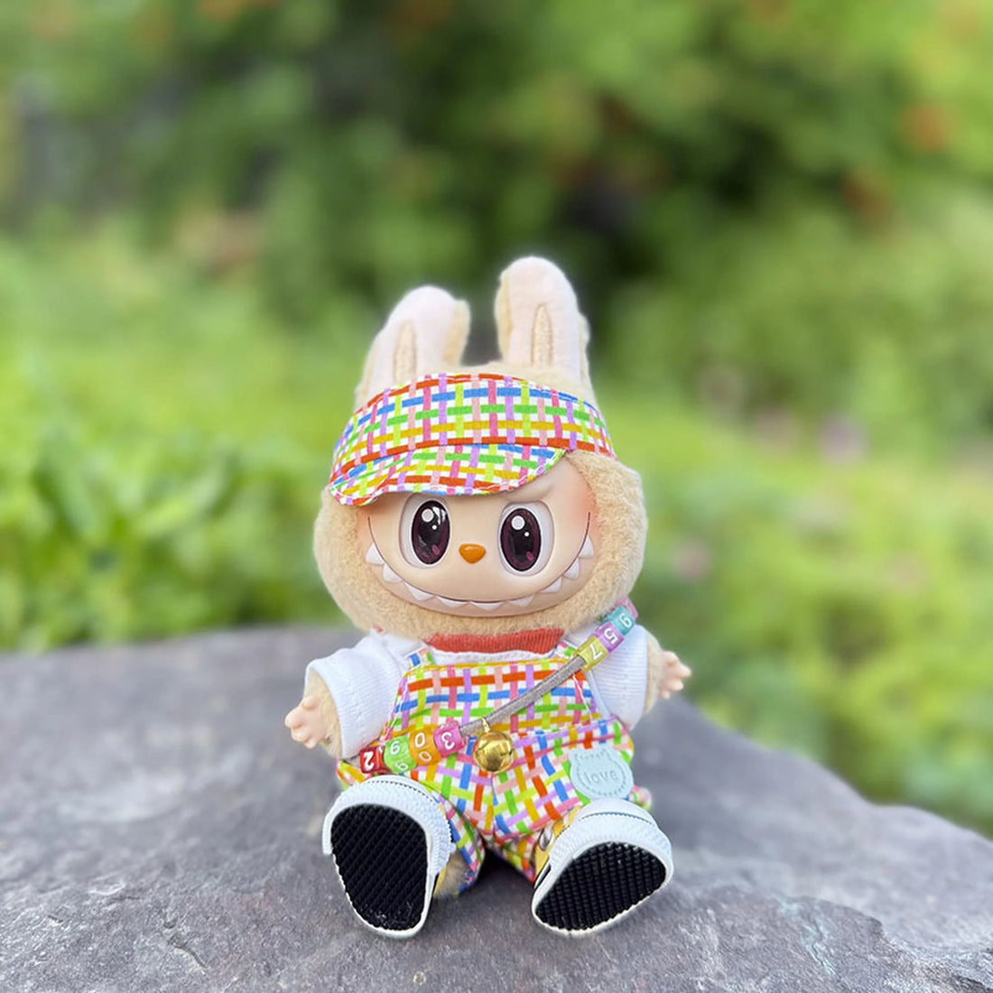 Labubu Clothes Labubu Bubblegum Red Hood + Bubblegum Red Overalls + White Canvas Shoes