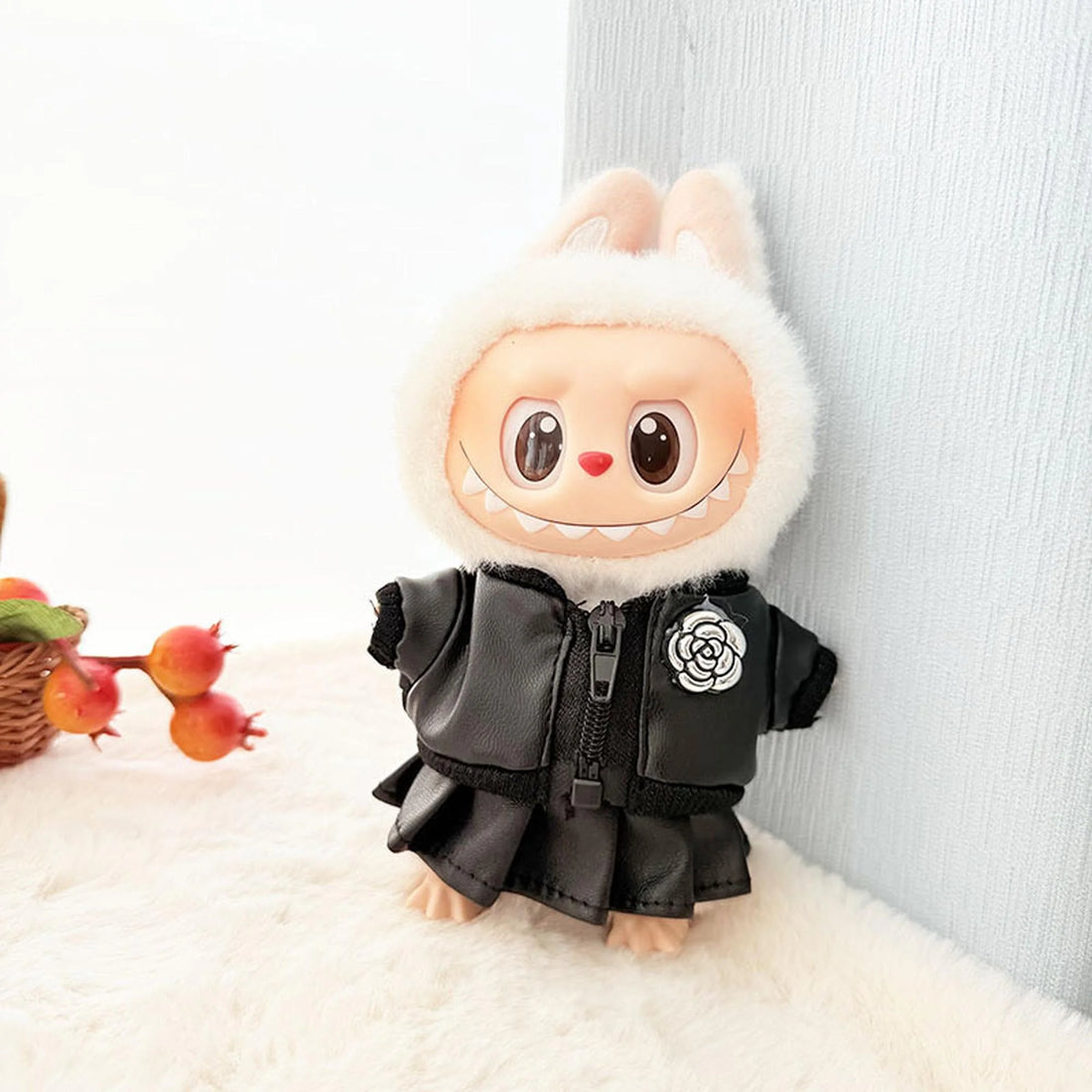 Labubu Clothes Labubu Camellia Leather Jacket + Leather Skirt
