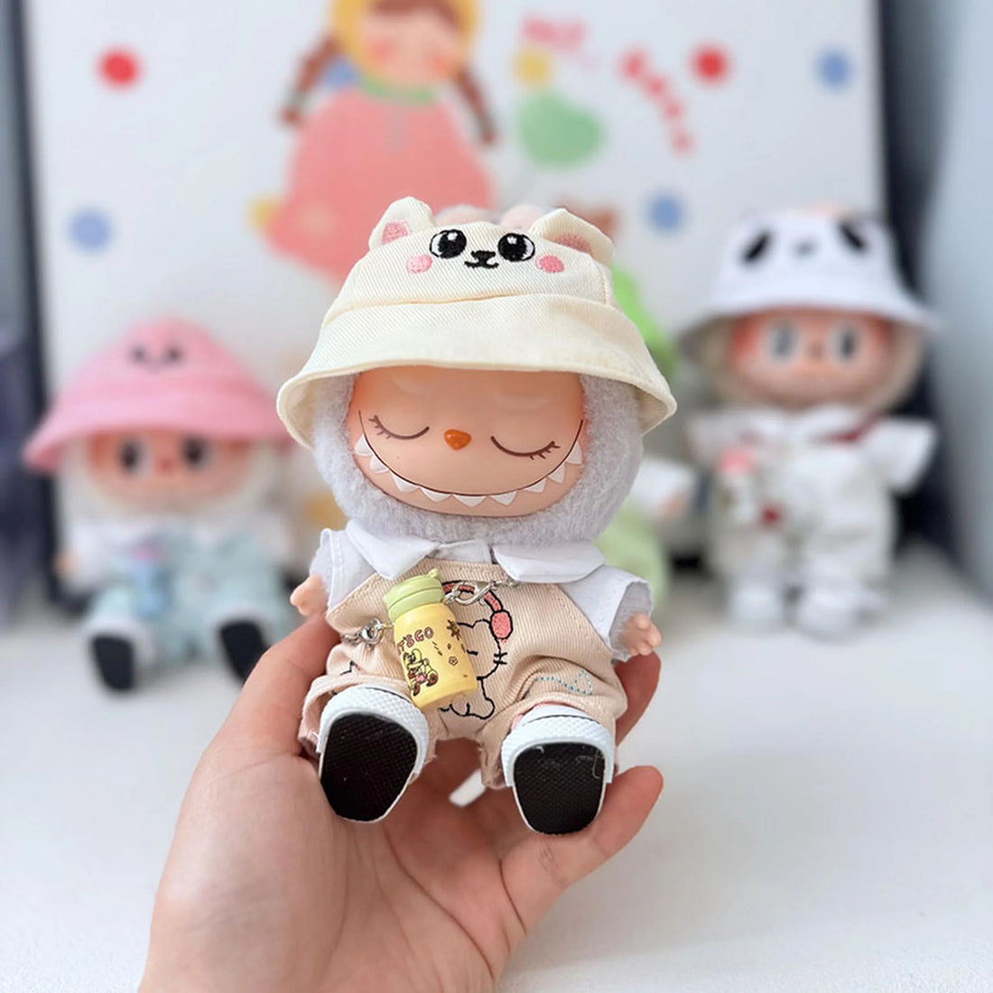 Labubu Clothes Labubu Cat Ear Overalls Set + White Bunny Hat + White Canvas Shoes + Yellow Water Bottle