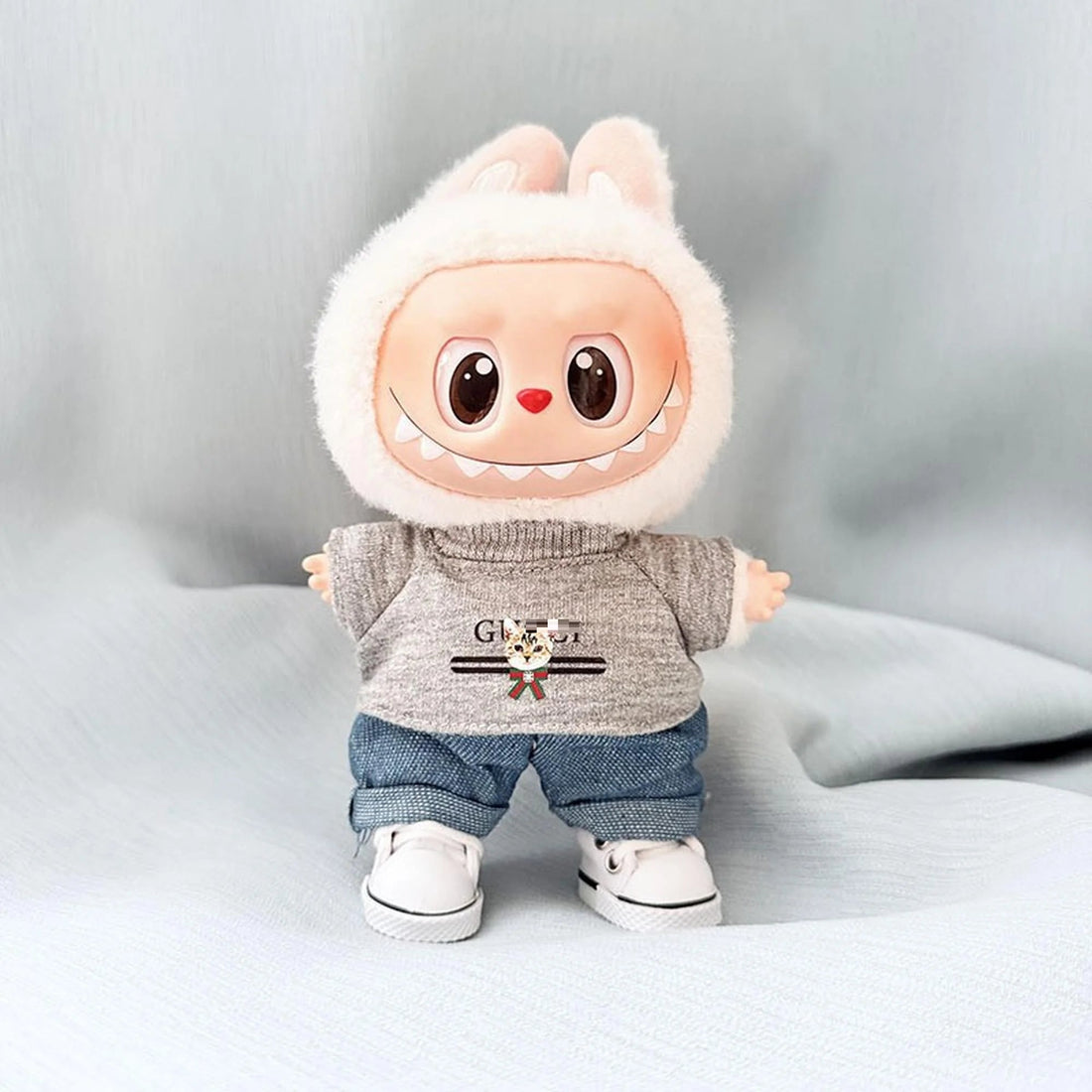 Labubu Clothes Labubu Cat Tee + Blue Cuffed Pants + White Canvas Shoes