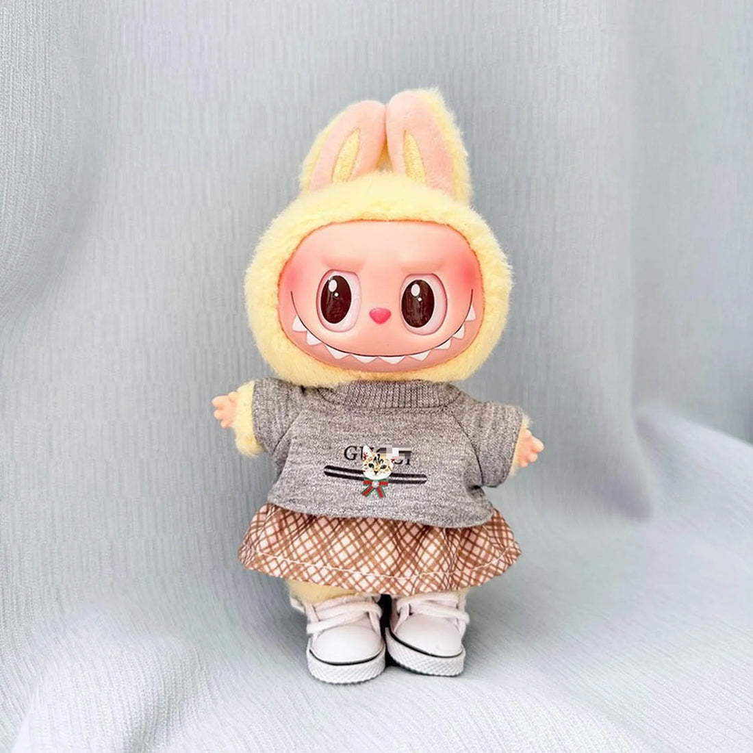Labubu Clothes Labubu Cat Tee + Light Brown Plaid Skirt + White Canvas Shoes