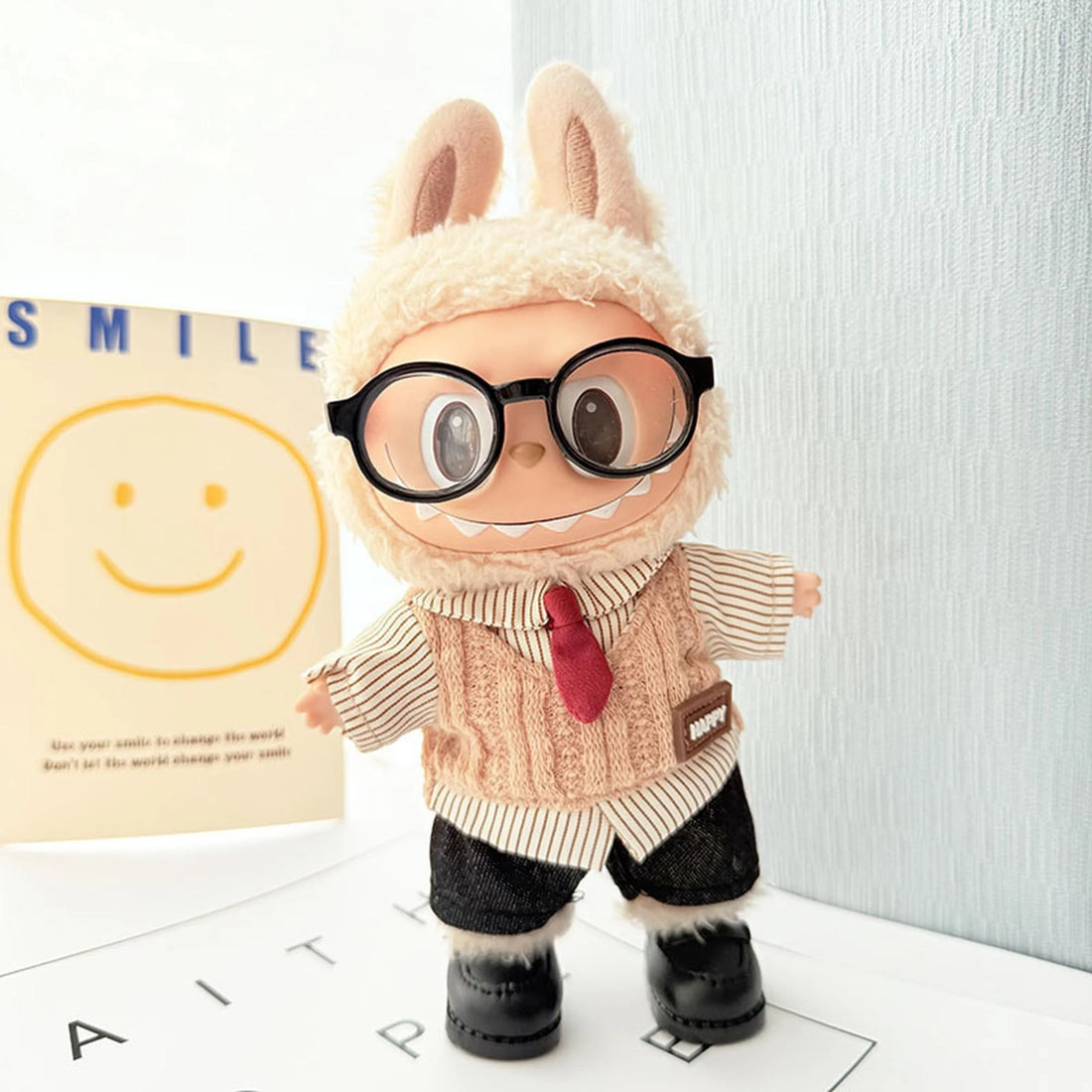 Labubu Clothes Labubu Chocolate Academia Style + Black Jeans + Black Frame Glasses + Black Square-Toe Shoes