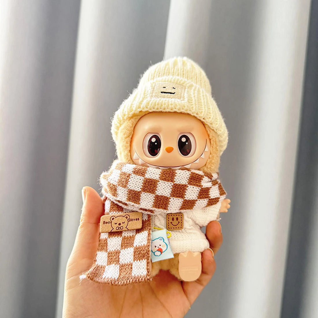 Labubu Clothes Labubu Coffee Check Scarf + White Emoji Beanie + White Smiley Pin Sweater