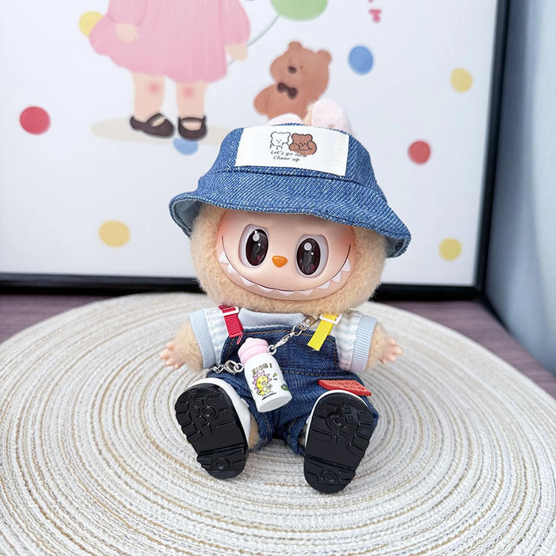 Labubu Clothes Labubu Couple Bear Hats + Colorful Suspenders Set Blue + White Canvas Shoes + White Water Bottle