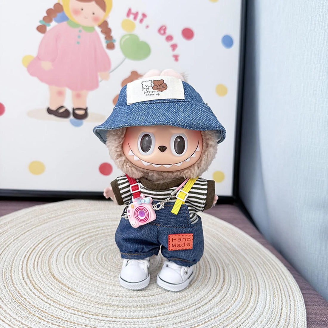 Labubu Clothes Labubu Couple Bear Hats + Colorful Suspenders Set In Dark Green + White Canvas Shoes + Kd Pink Camera