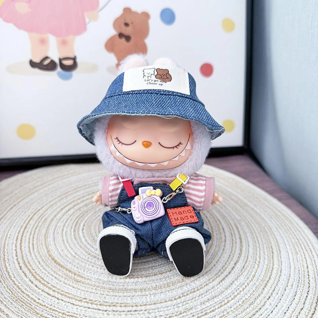Labubu Clothes Labubu Couple Bear Hats + Pastel Suspenders Set + Pink Canvas Shoes + Kd Purple Hoodie