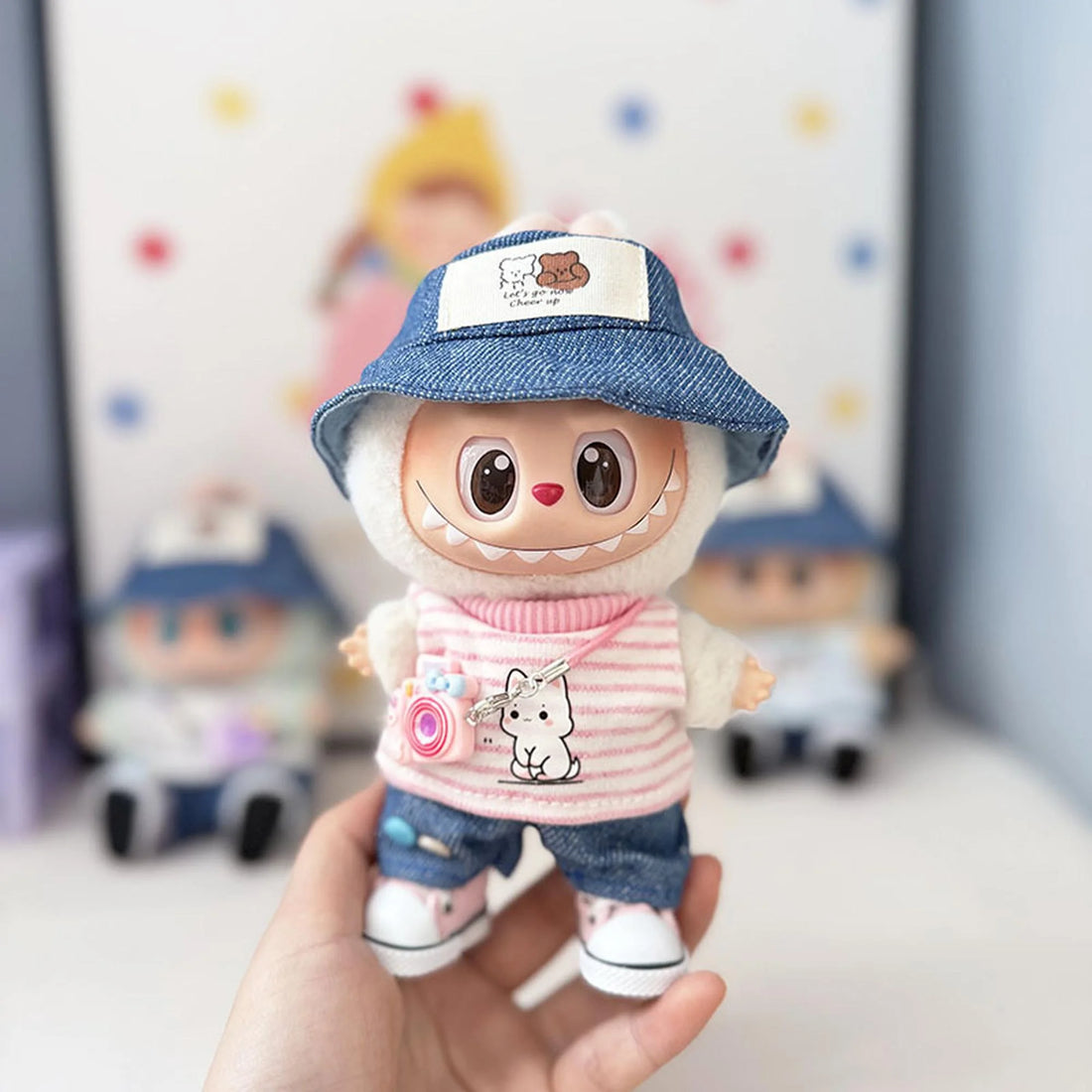 Labubu Clothes Labubu Couple Bear Hats + Summer Vivid Pink Stripes + Pink Canvas Shoes + Kd Pink Camera