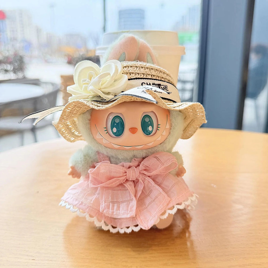 Labubu Clothes Labubu Creamy Coffee Candy Dress + White-Trimmed Straw Hat