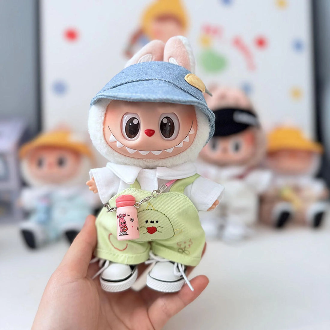 Labubu Clothes Labubu Denim Snapback + Green Apple Overalls + Black Canvas Shoes + Pink Water Bottle