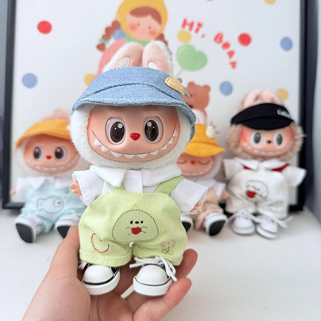 Labubu Clothes Labubu Denim Snapback + Green Apple Overalls + Black Canvas Sneakers