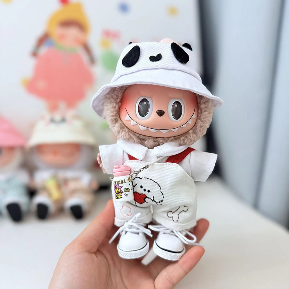 Labubu Clothes Labubu Dog Harness And Overalls Set + Black &amp; White Panda Hat + White Canvas Shoes + White Water Bottle