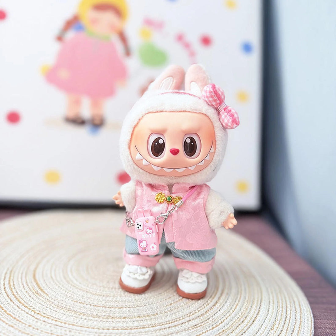 Labubu Clothes Labubu Elegant Chinese Style With Pink Butterfly Headband, White Princess Shoes, And Pink Phone Bag
