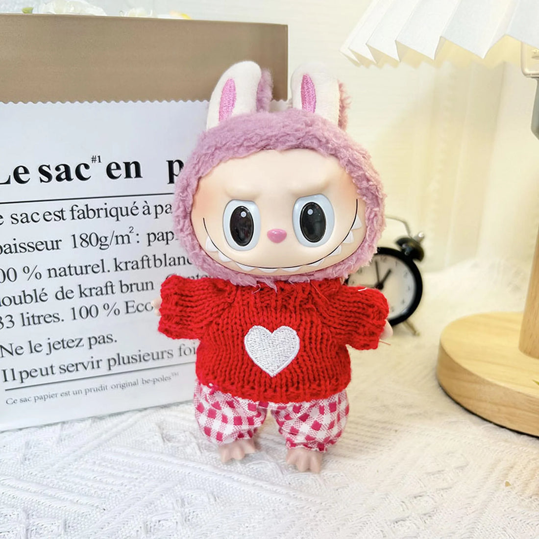 Labubu Clothes Labubu Embroidered White Heart + Red And White Checkered Pants