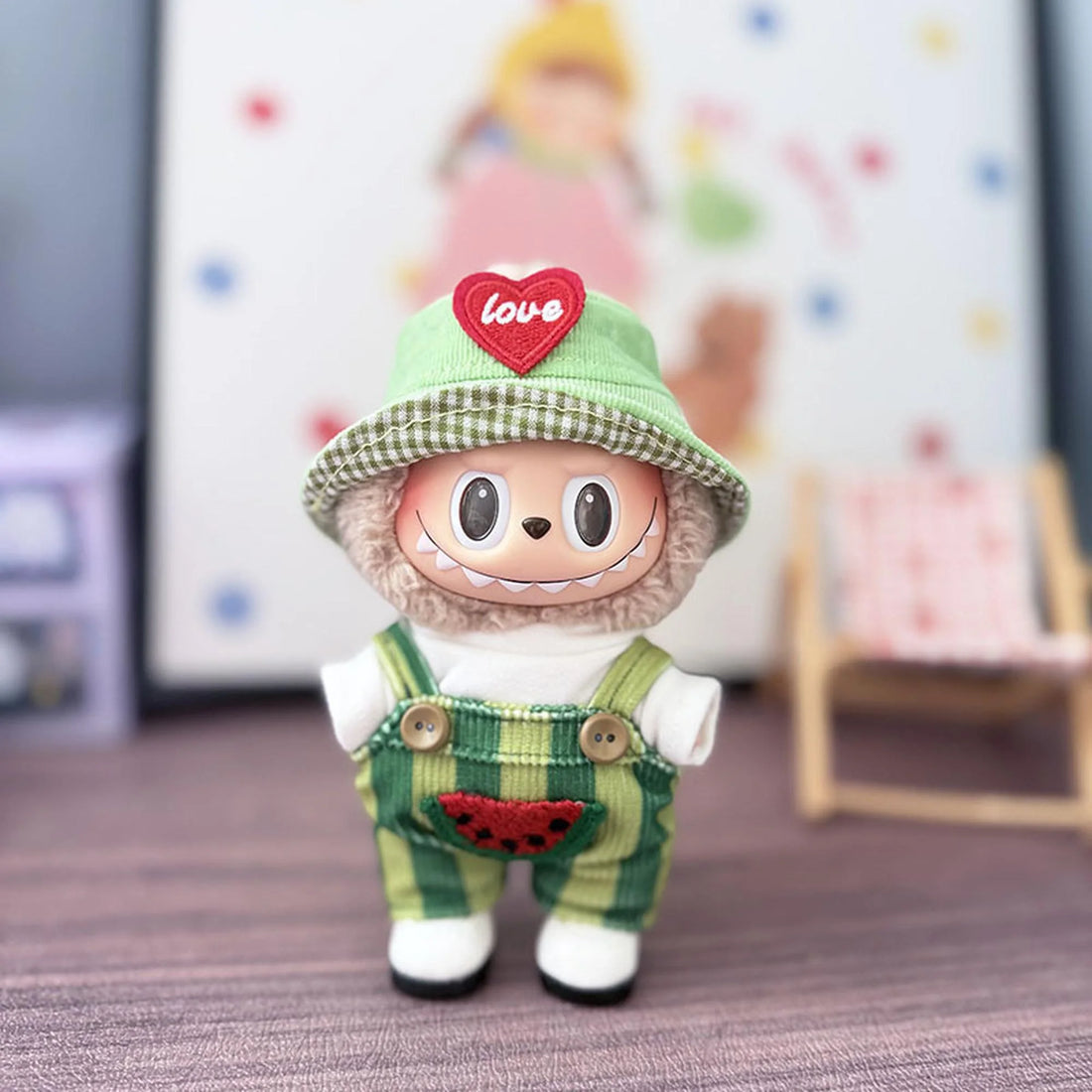 Labubu Clothes Labubu F Watermelon Overalls + Green Heart Hat + White Square-Toe Shoes