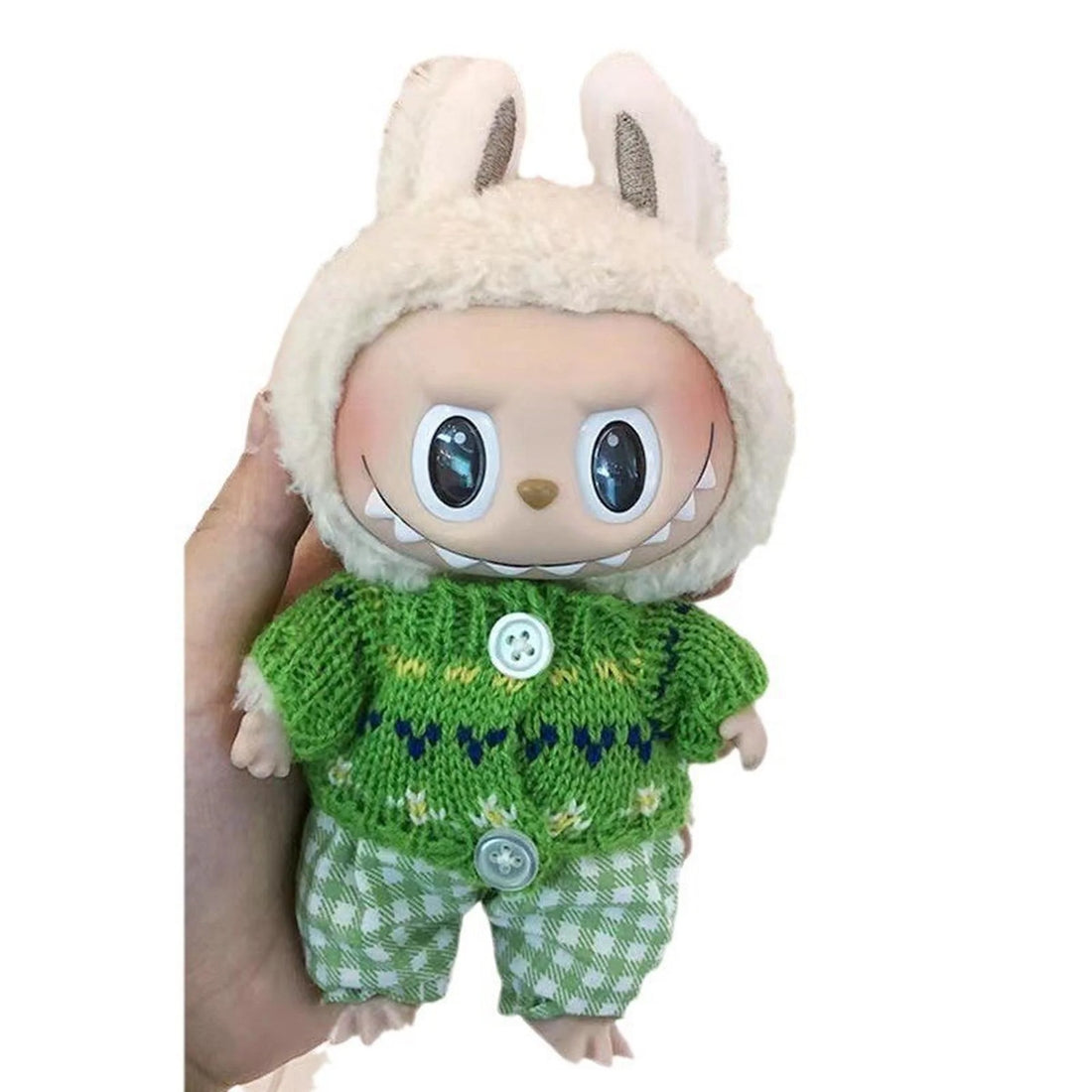 Labubu Clothes Labubu Fresh Green Floral Print + White And Green Checkered Pants