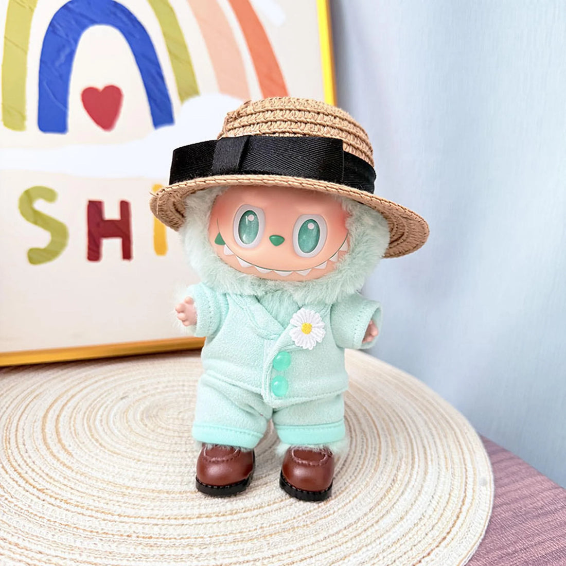 Labubu Clothes Labubu G-Dragon Green Suit Set + Flat-Brim G-Dragon Hat + Brown Square-Toe Shoes