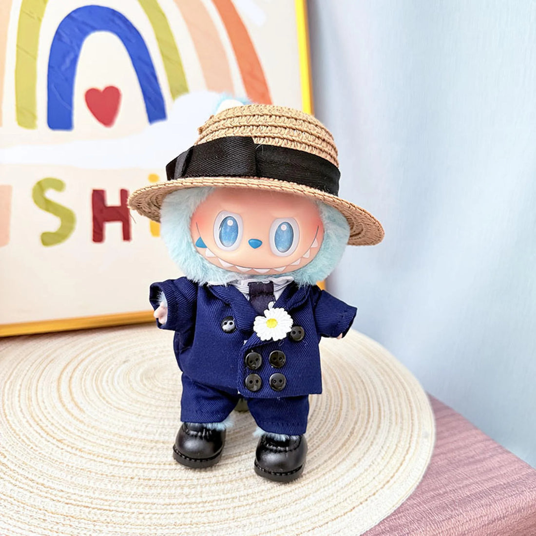 Labubu Clothes Labubu G-Dragon Navy Blue Suit Set + Flat Brim G-Dragon Cap + Black Square-Toe Shoes