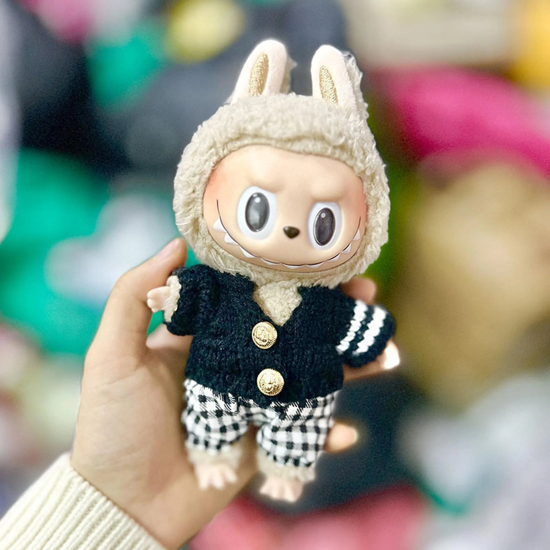 labubu-clothes-gold-button-knit-sweatshirt-black-white-checkered-pants