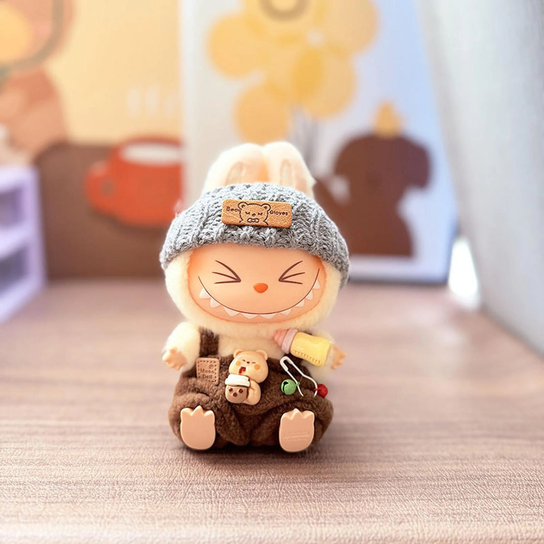 Labubu Clothes Labubu Gray Flipped-Brim Hat + Brown Bottle Suspenders
