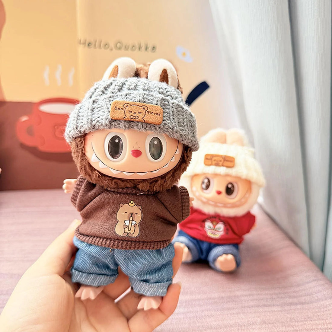 Labubu Clothes Labubu Gray Flipped-Brim Hat + Milk Tea-Drinking Bear Hoodie