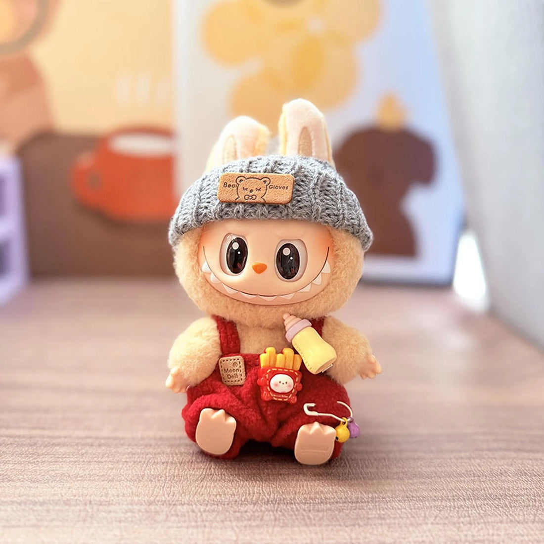 Labubu Clothes Labubu Gray Flipped-Brim Hat + Red Bottle Suspenders