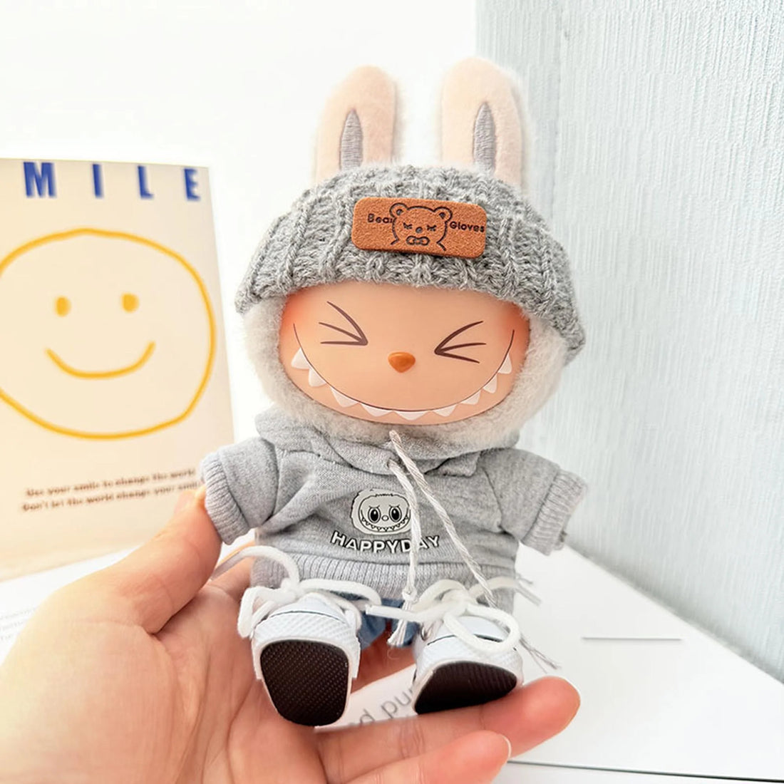Labubu Clothes Labubu Gray Flipped Hat + Gray Hoodie Fabric Head + White Canvas Shoes