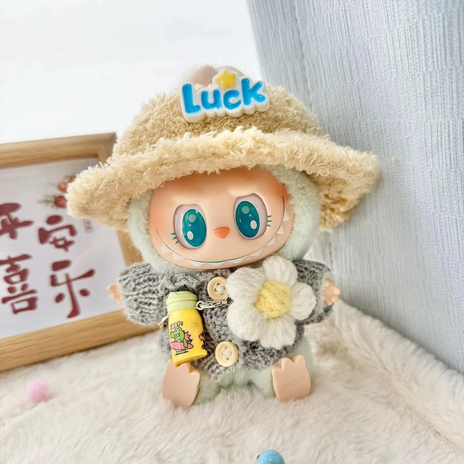 Labubu Clothes Labubu Gray Knit Sweater With Floral Accents + Lucky Hat + Yellow Water Bottle