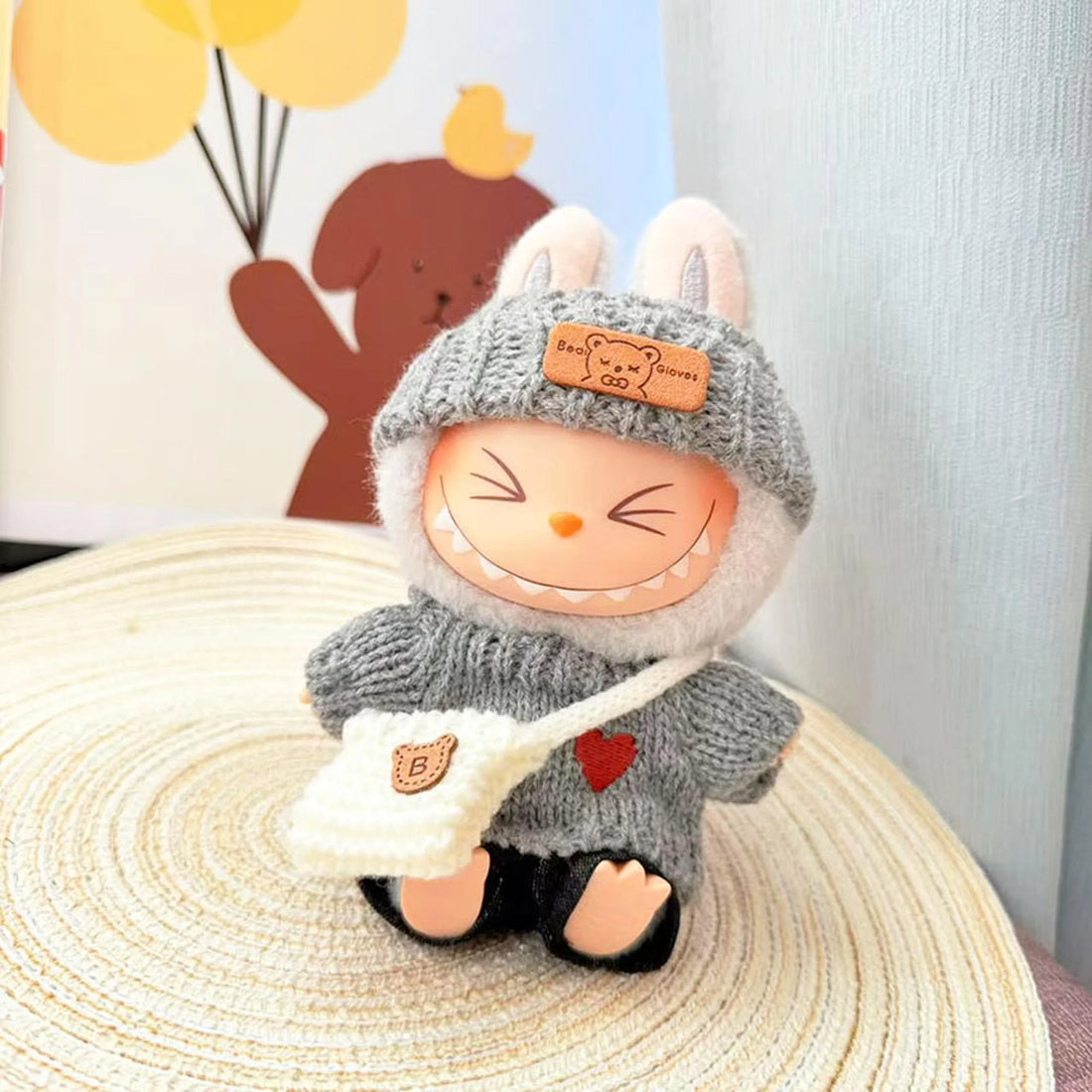 Labubu Clothes Labubu Gray Love Knit Sweater + Gray Turn-Up Hat + White B Bag