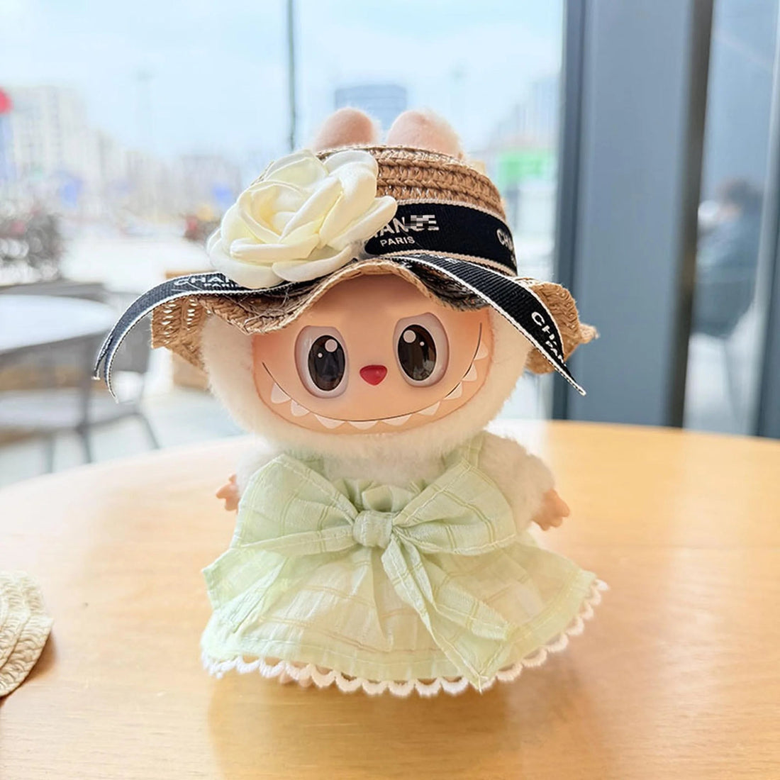 Labubu Clothes Labubu Green Candy Dress + Brown Camellia Straw Hat