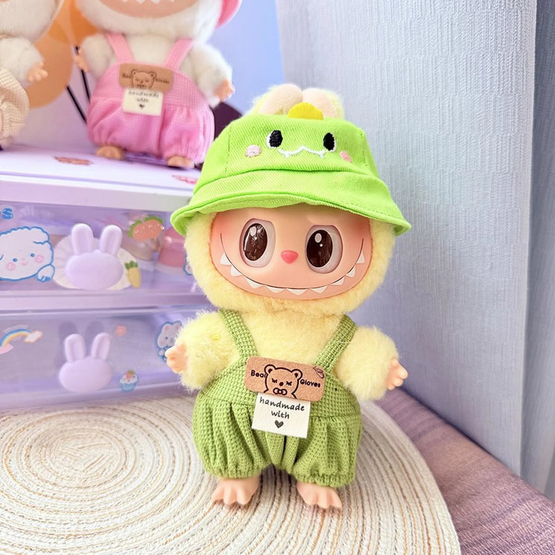 Labubu Clothes Labubu Green Dino Hat + Green Checkered Overalls