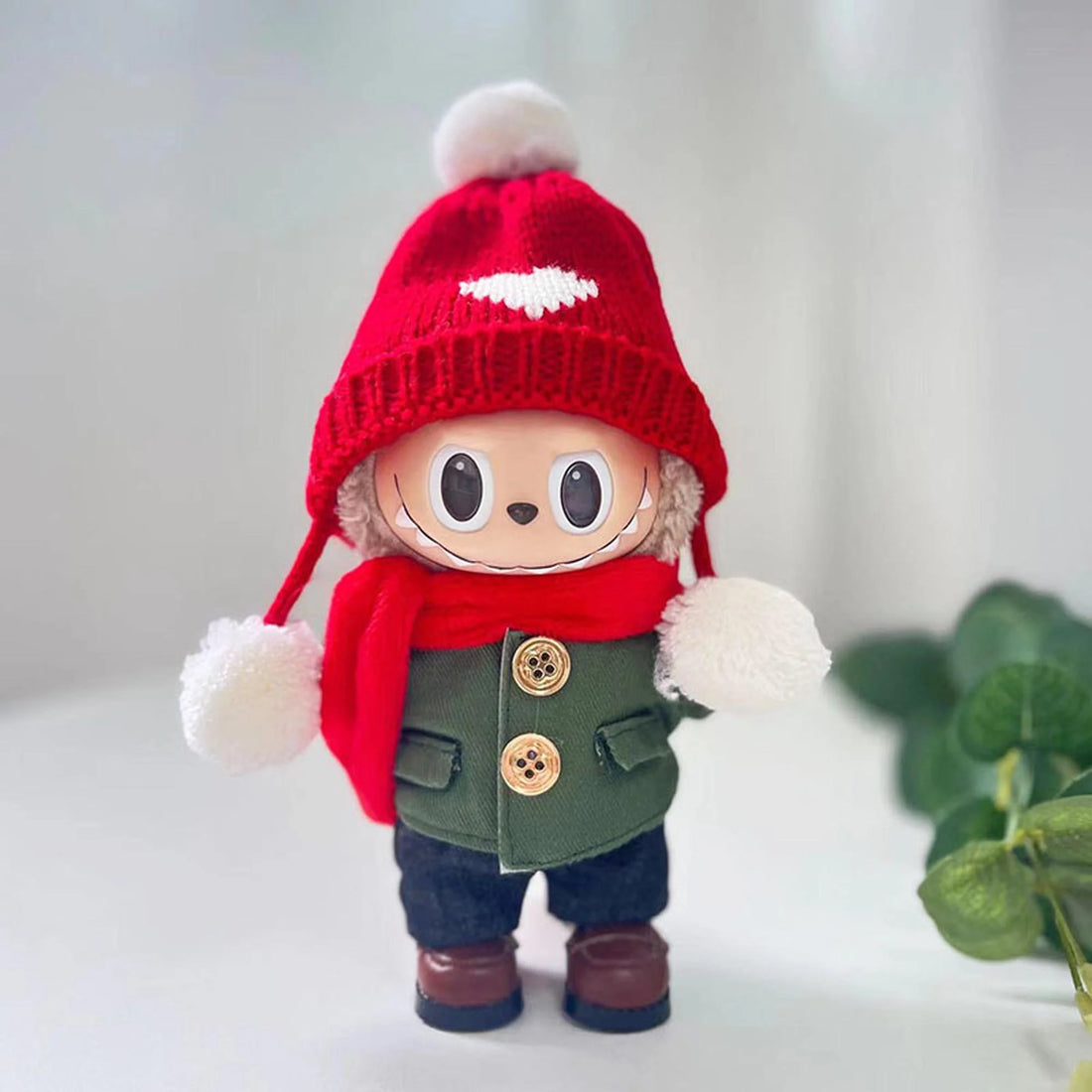 Labubu Clothes Labubu Green Military Coat + Red Scarf + Black Jeans + Heart Hat + Brown Square-Toe Shoes