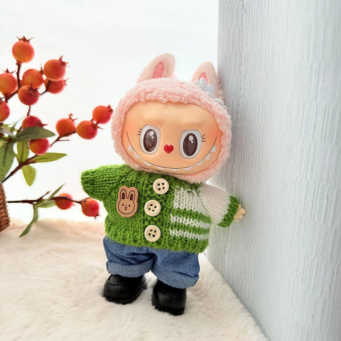 Labubu Clothes Labubu Green Striped Button Sweater + Blue Jeans + Black Square-Toe Shoes