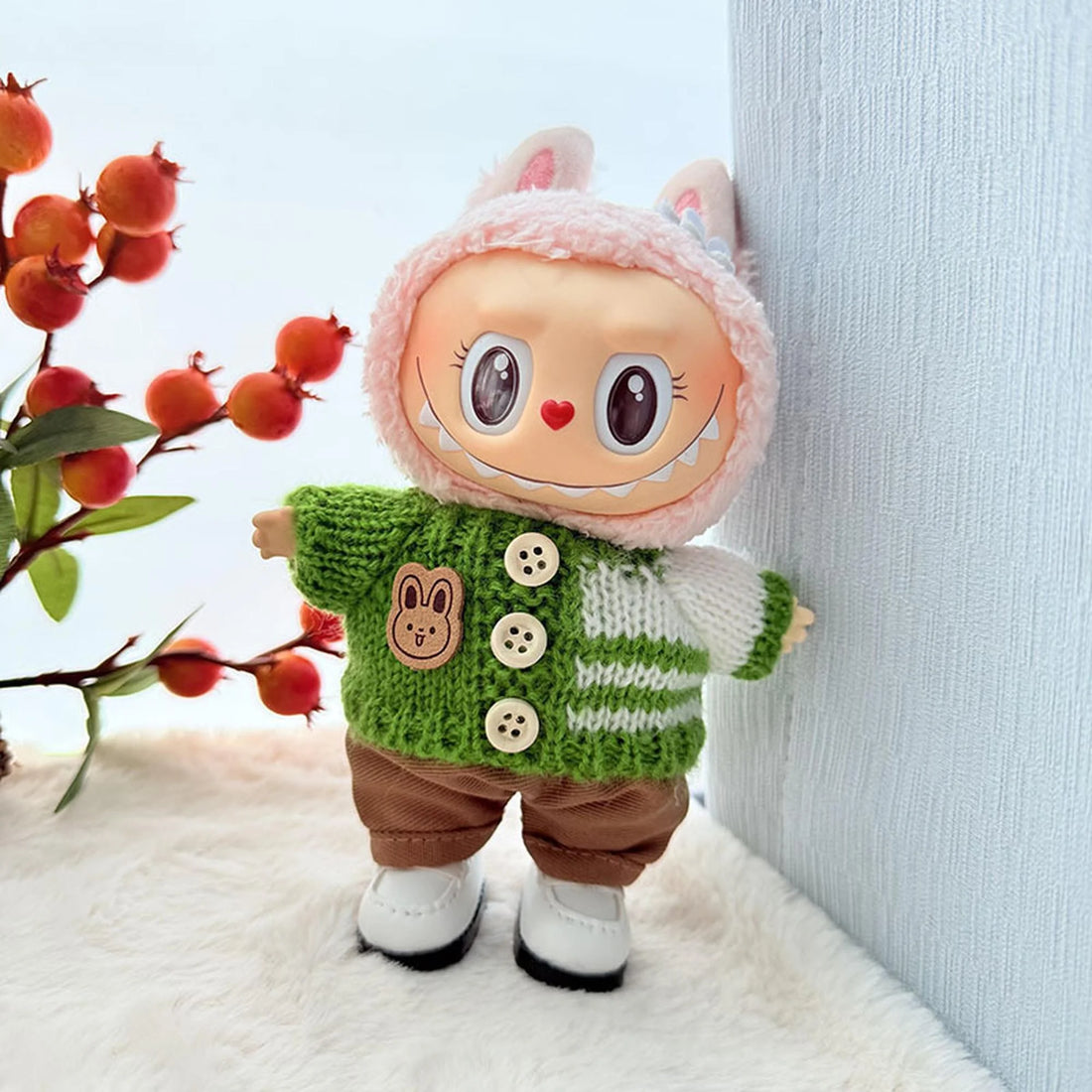 Labubu Clothes Labubu Green Striped Button Sweater + Khaki Pants + White Square-Toe Shoes