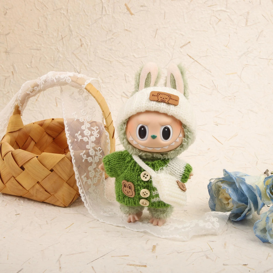 Labubu Clothes Labubu Green Striped Button Sweater + White Turn-Up Hat + White String Bag