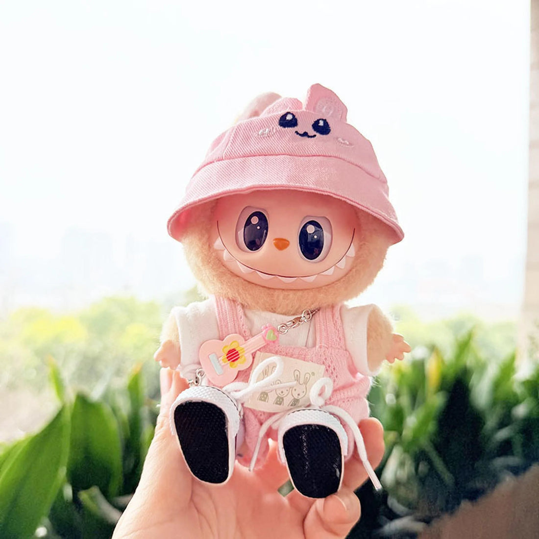 Labubu Clothes Labubu Guitar + White Canvas Shoes + Pink Bunny Hat + Refreshing Denim Overalls Set In Pink