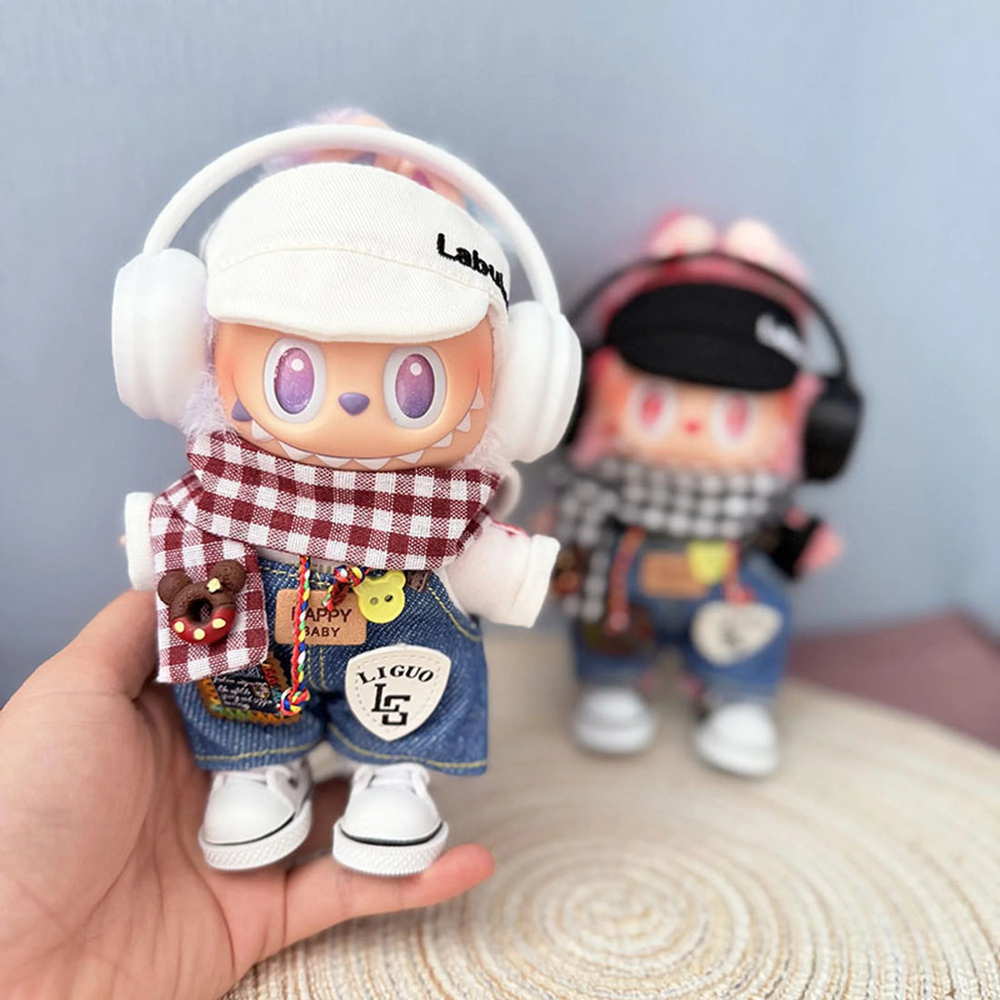 Labubu Clothes Labubu Joyful Pizza Outfit With White Bubu Snapback + White Canvas Shoes + White Headphones