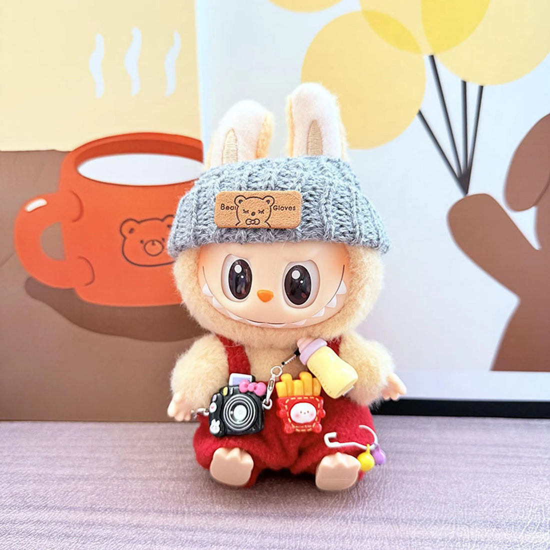 Labubu Clothes Labubu Kd Black Camera + Gray Flipped-Brim Hat + Red Bottle Suspenders