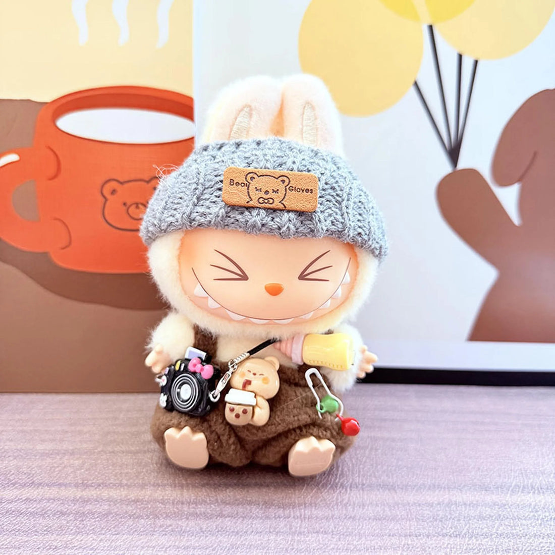 Labubu Clothes Labubu Kd Black Camera + Gray Flipped Cap + Brown Bottle Overalls