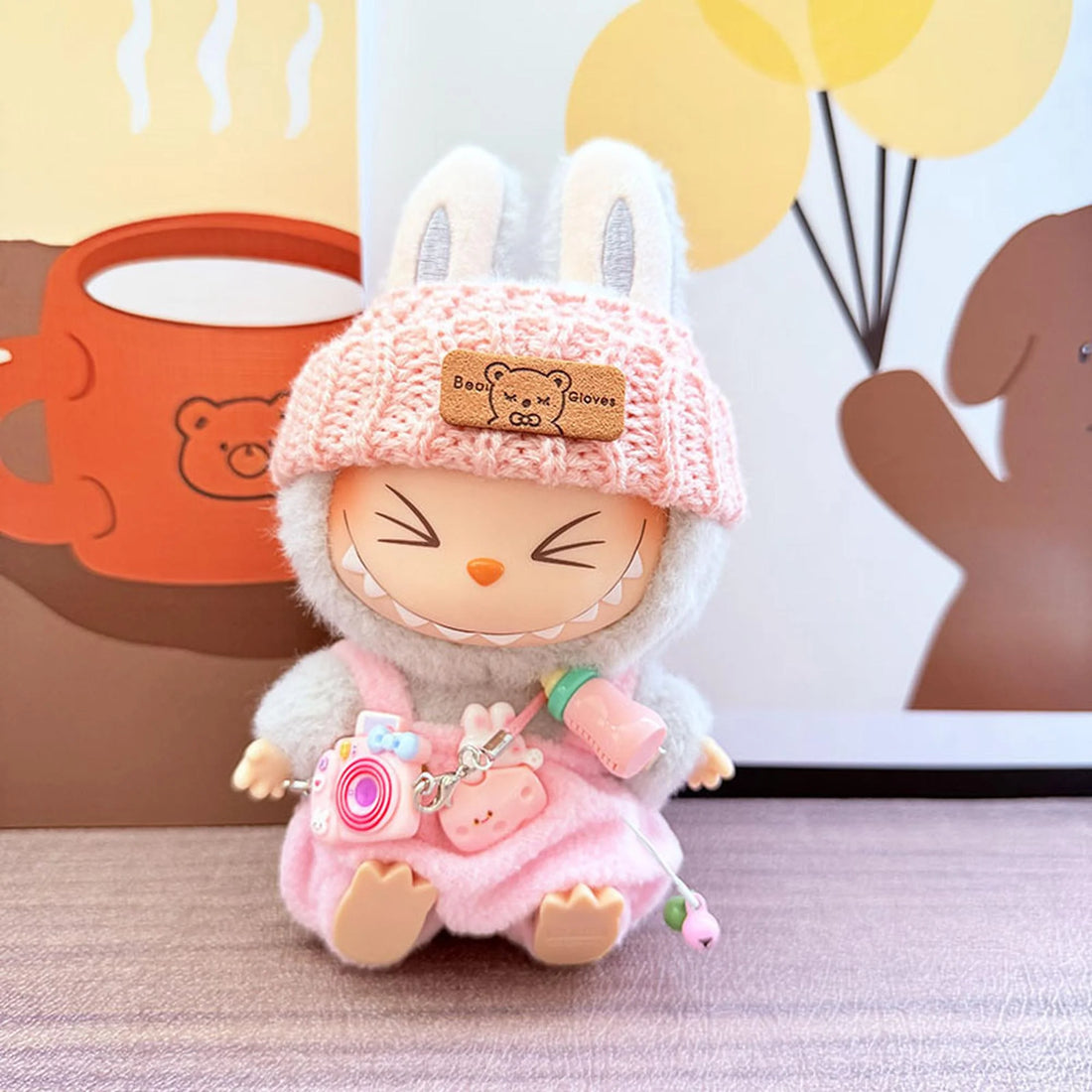 Labubu Clothes Labubu Kd Pink Camera + Pink Floppy Hat + Pink Bottle Overalls