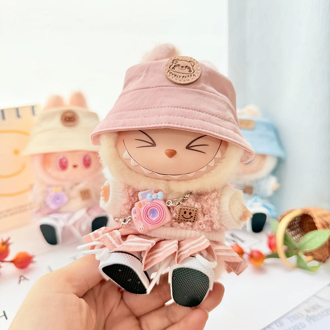 Labubu Clothes Labubu Kd Pink Camera + Pink Panda Hat + White Canvas Shoes + Pink Striped White Jk Skirt + Pink Smiley Circle Top