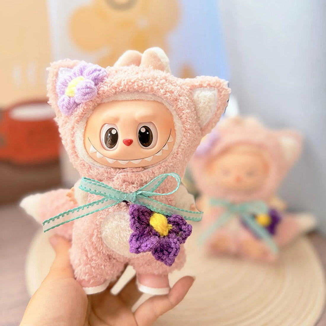 Labubu Clothes Labubu Kd Pink Leather Shoes + Pink Fluffy Fox Outfit