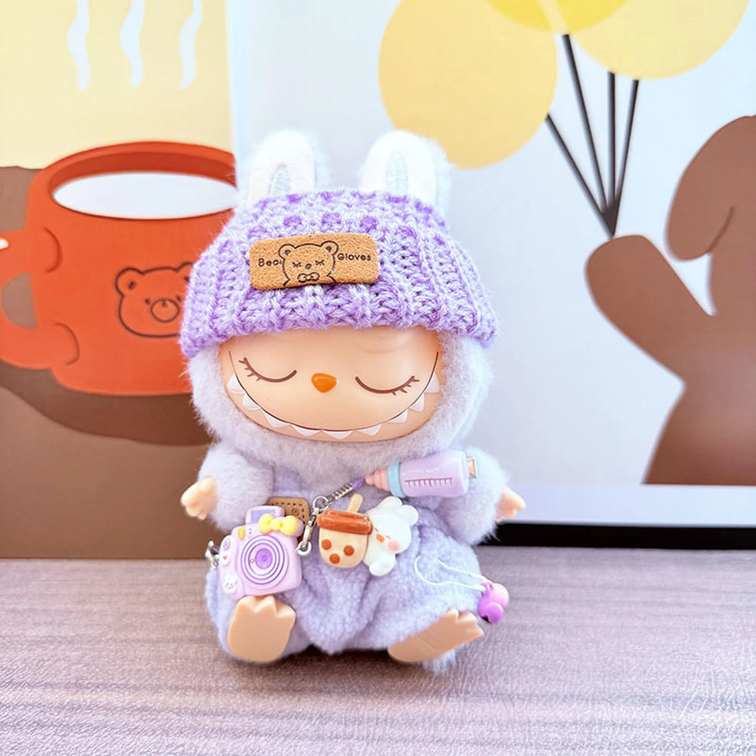 Labubu Clothes Labubu Kd Purple Camera + Purple Rolled-Brim Hat + Purple Bottle Overalls