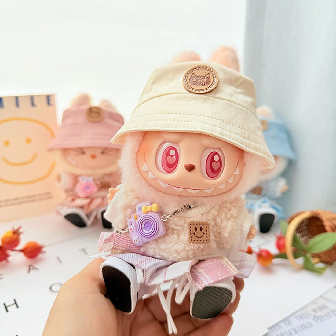 Labubu Clothes Labubu Kd Purple Camera + White Cat Hat + White Canvas Shoes + Pink Plaid Jk Skirt + White Smiley Face Sweater