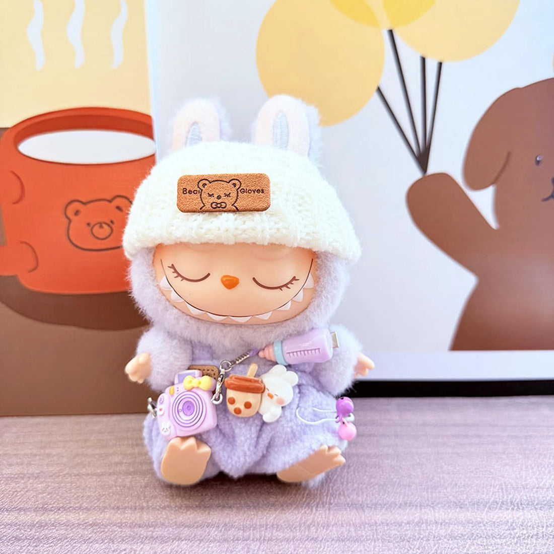 Labubu Clothes Labubu Kd Purple Camera + White Turn-Up Hat + Purple Bottle Overalls