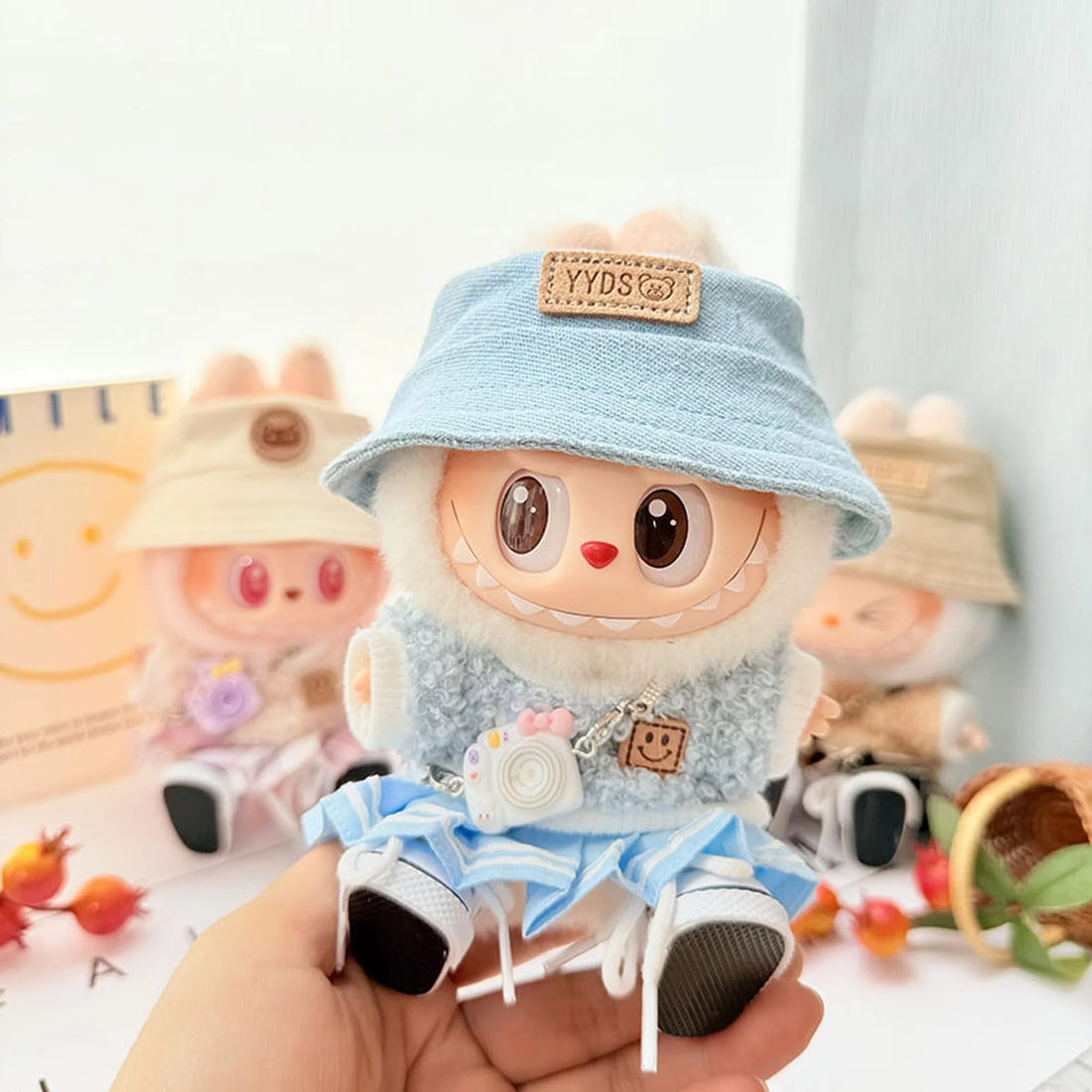 Labubu Clothes Labubu Kd White Camera + Blue Yyds Cap + White Canvas Shoes + Blue Striped Jk Skirt + Blue Smiley Tee